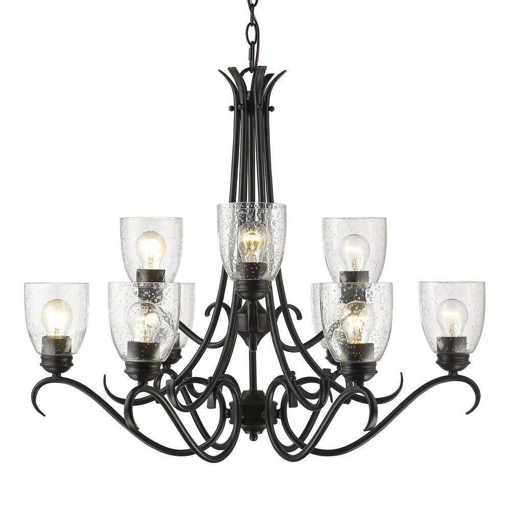 Golden Lighting-8001-9 BLK-SD-Parrish - Large Chandelier 9 Light Steel in Sturdy style - 26.25 Inches high by 30.5 Inches wide   Black Finish with Seeded Glass